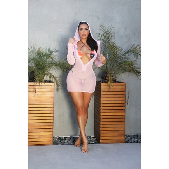 Boutique Other - Women's Casual Deep V-Neck Hooded Mesh Cover-Up Long Sleeve Mini Dress S, M, L